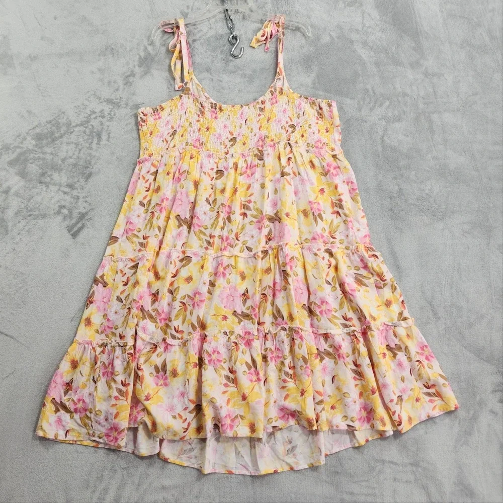 AUW Dress Women 3X Multicolor Floral Tie Shoulder Smocked Ruffle Tiered Sundress